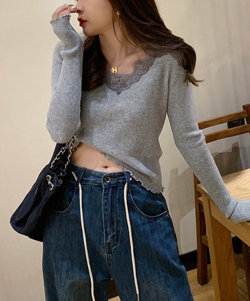 Songe(ソンジュ)の「レース付きVネック長袖リブトップス(Tシャツ/カットソー・レディース・グレー/ブラック/ホワイト・FREE)」の15枚目の写真