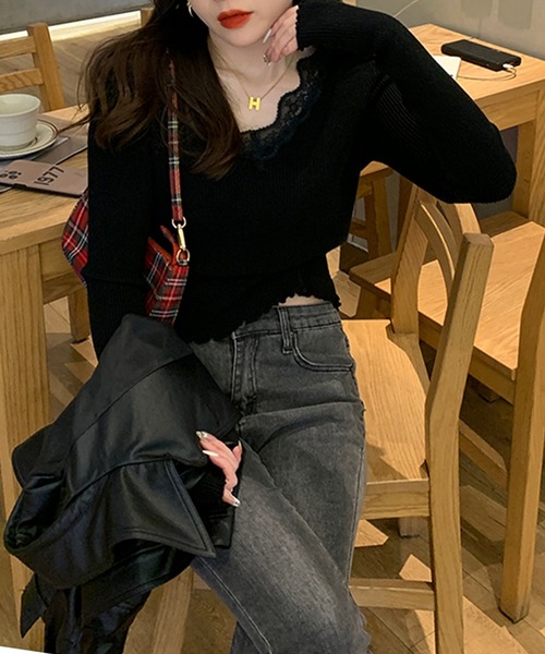 Songe(ソンジュ)の「レース付きVネック長袖リブトップス(Tシャツ/カットソー・レディース・グレー/ブラック/ホワイト・FREE)」の5枚目の写真