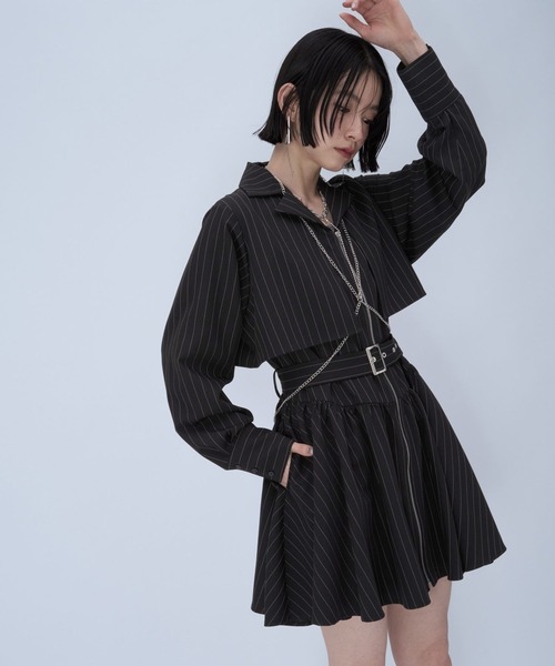 HARE(ハレ)の「ピンストライプZIPミニワンピース(HARE)(ワンピース・レディース・グレー/ブラック・FREE)」の1枚目の写真