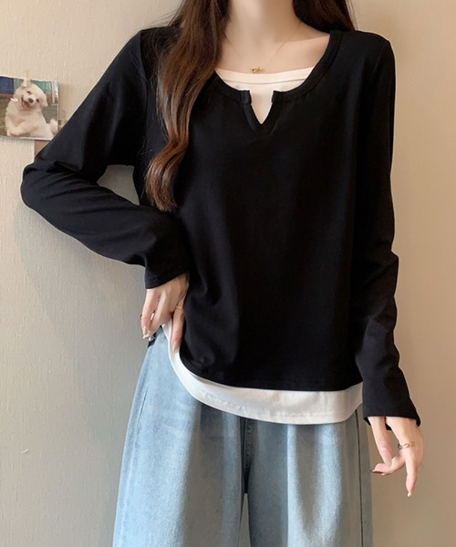 2ly2(トゥーリートゥー)の「レイヤード風 Vネックトップス(Tシャツ/カットソー・レディース・ネイビー/グレー/ボルドー/ブラック・FREE)」の1枚目の写真