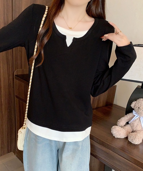 2ly2(トゥーリートゥー)の「レイヤード風 Vネックトップス(Tシャツ/カットソー・レディース・ネイビー/グレー/ボルドー/ブラック・FREE)」の5枚目の写真
