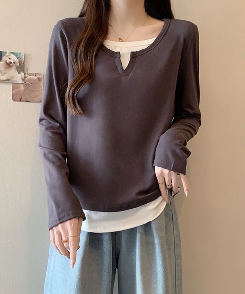 2ly2(トゥーリートゥー)の「レイヤード風 Vネックトップス(Tシャツ/カットソー・レディース・ネイビー/グレー/ボルドー/ブラック・FREE)」の8枚目の写真