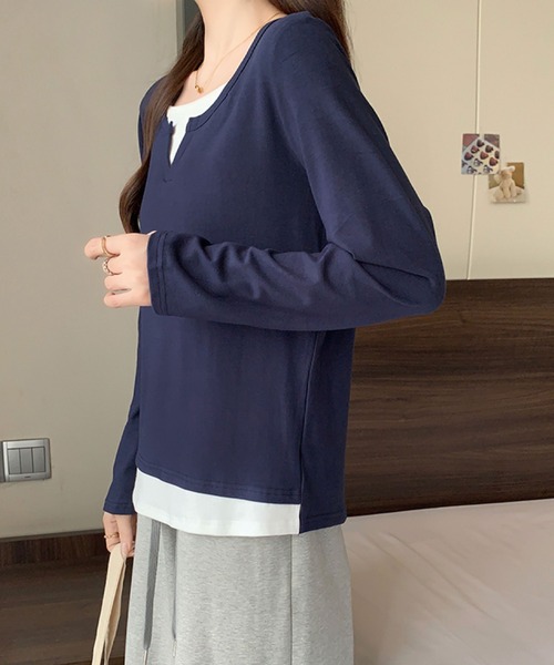 2ly2(トゥーリートゥー)の「レイヤード風 Vネックトップス(Tシャツ/カットソー・レディース・ネイビー/グレー/ボルドー/ブラック・FREE)」の10枚目の写真