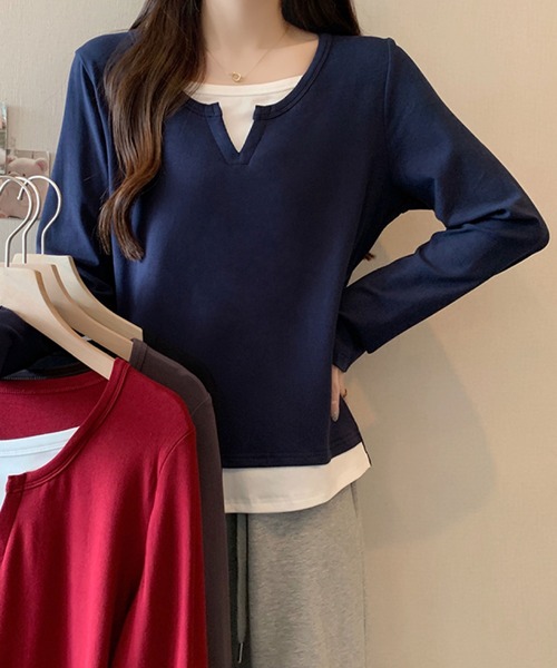 2ly2(トゥーリートゥー)の「レイヤード風 Vネックトップス(Tシャツ/カットソー・レディース・ネイビー/グレー/ボルドー/ブラック・FREE)」の13枚目の写真