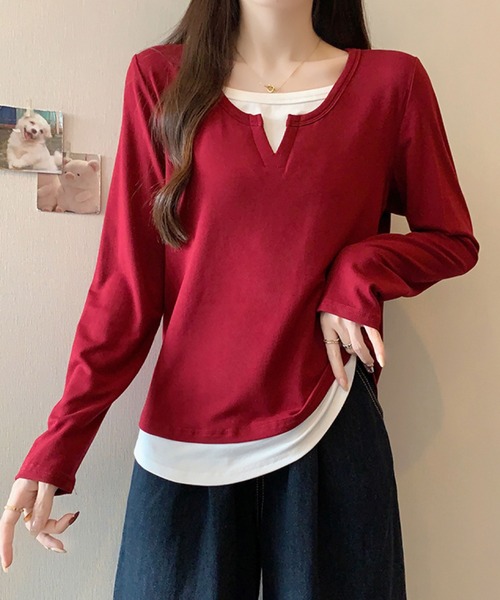 2ly2(トゥーリートゥー)の「レイヤード風 Vネックトップス(Tシャツ/カットソー・レディース・ネイビー/グレー/ボルドー/ブラック・FREE)」の14枚目の写真