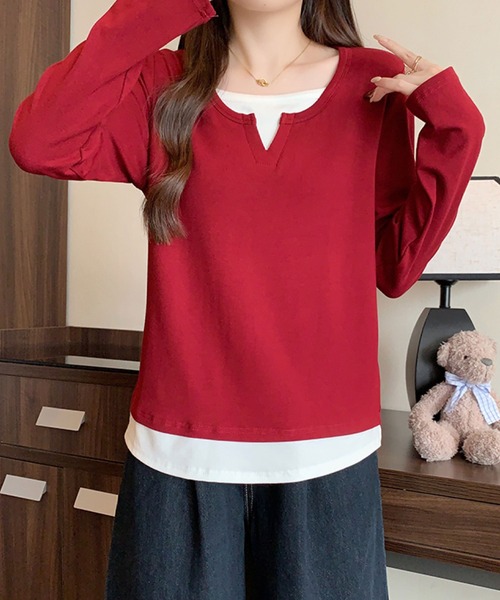 2ly2(トゥーリートゥー)の「レイヤード風 Vネックトップス(Tシャツ/カットソー・レディース・ネイビー/グレー/ボルドー/ブラック・FREE)」の15枚目の写真