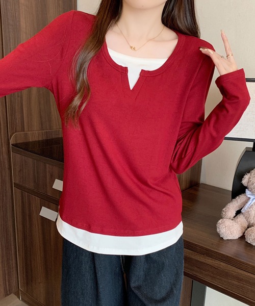 2ly2(トゥーリートゥー)の「レイヤード風 Vネックトップス(Tシャツ/カットソー・レディース・ネイビー/グレー/ボルドー/ブラック・FREE)」の16枚目の写真