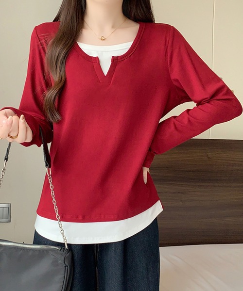 2ly2(トゥーリートゥー)の「レイヤード風 Vネックトップス(Tシャツ/カットソー・レディース・ネイビー/グレー/ボルドー/ブラック・FREE)」の17枚目の写真