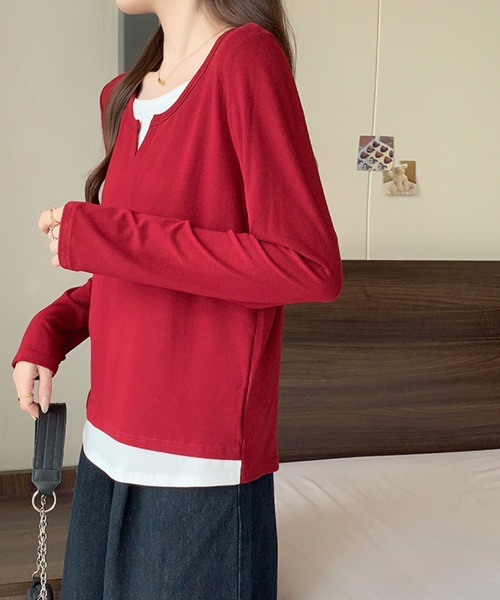 2ly2(トゥーリートゥー)の「レイヤード風 Vネックトップス(Tシャツ/カットソー・レディース・ネイビー/グレー/ボルドー/ブラック・FREE)」の18枚目の写真