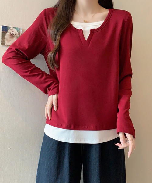 2ly2(トゥーリートゥー)の「レイヤード風 Vネックトップス(Tシャツ/カットソー・レディース・ネイビー/グレー/ボルドー/ブラック・FREE)」の19枚目の写真