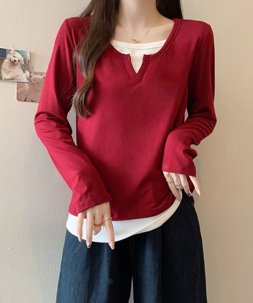 2ly2(トゥーリートゥー)の「レイヤード風 Vネックトップス(Tシャツ/カットソー・レディース・ネイビー/グレー/ボルドー/ブラック・FREE)」の20枚目の写真