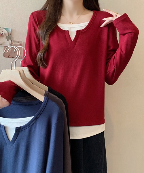 2ly2(トゥーリートゥー)の「レイヤード風 Vネックトップス(Tシャツ/カットソー・レディース・ネイビー/グレー/ボルドー/ブラック・FREE)」の22枚目の写真