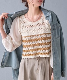 Rejoule（リジュール）の「かぎ編み バイカラー シアースリーブクロシェ編みトップス（その他トップス）」