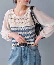 Rejoule（リジュール）の「かぎ編み バイカラー シアースリーブクロシェ編みトップス（その他トップス）」
