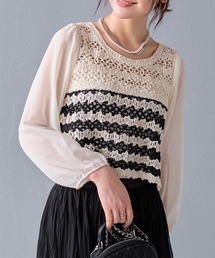 Rejoule（リジュール）の「かぎ編み バイカラー シアースリーブクロシェ編みトップス（その他トップス）」