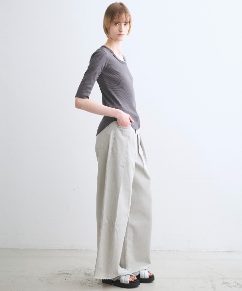 three dots（スリードッツ）の「シャイニー リブジェシカ（Tシャツ/カットソー・レディース・ブラック/アイボリー/チャコール・MEDIUM/SMALL）」の6枚目の写真