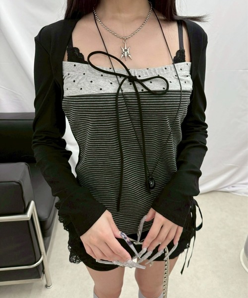 Never mind the XU / Chikashitsu+（ネバーマインド ザ エックスユー / チカシツプラス）の「【nmtc+】bolero tight dot tops / 【エヌエムティーシープラス】ボレロタイトドット長袖Ｔシャツ <着用動画あり>（Tシャツ/カットソー・レディース・グレー/ブラック・ONE SIZE）」の13枚目の写真