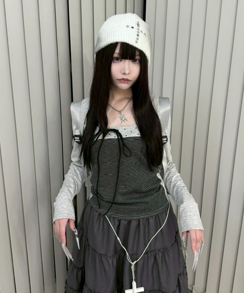 Never mind the XU / Chikashitsu+（ネバーマインド ザ エックスユー / チカシツプラス）の「【nmtc+】bolero tight dot tops / 【エヌエムティーシープラス】ボレロタイトドット長袖Ｔシャツ <着用動画あり>（Tシャツ/カットソー・レディース・グレー/ブラック・ONE SIZE）」の6枚目の写真