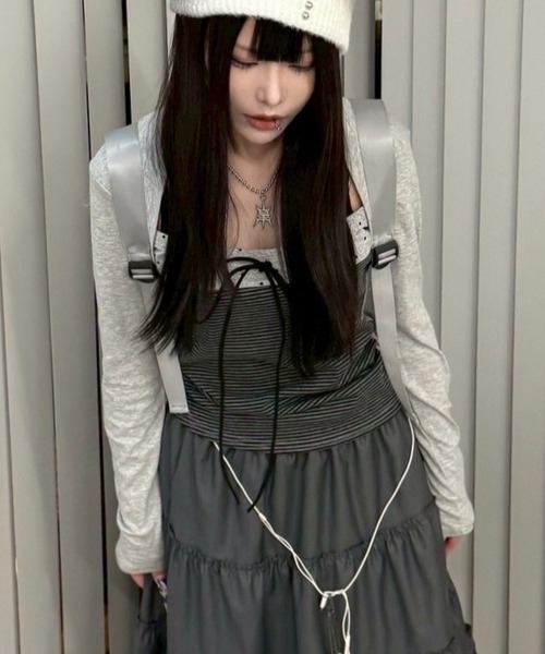 Never mind the XU / Chikashitsu+（ネバーマインド ザ エックスユー / チカシツプラス）の「【nmtc+】bolero tight dot tops / 【エヌエムティーシープラス】ボレロタイトドット長袖Ｔシャツ <着用動画あり>（Tシャツ/カットソー・レディース・グレー/ブラック・ONE SIZE）」の7枚目の写真