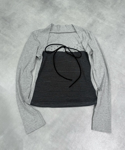 Never mind the XU / Chikashitsu+（ネバーマインド ザ エックスユー / チカシツプラス）の「【nmtc+】bolero tight dot tops / 【エヌエムティーシープラス】ボレロタイトドット長袖Ｔシャツ <着用動画あり>（Tシャツ/カットソー・レディース・グレー/ブラック・ONE SIZE）」の8枚目の写真
