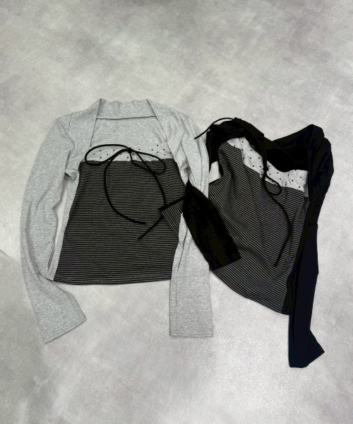 Never mind the XU / Chikashitsu+（ネバーマインド ザ エックスユー / チカシツプラス）の「【nmtc+】bolero tight dot tops / 【エヌエムティーシープラス】ボレロタイトドット長袖Ｔシャツ <着用動画あり>（Tシャツ/カットソー・レディース・グレー/ブラック・ONE SIZE）」の3枚目の写真