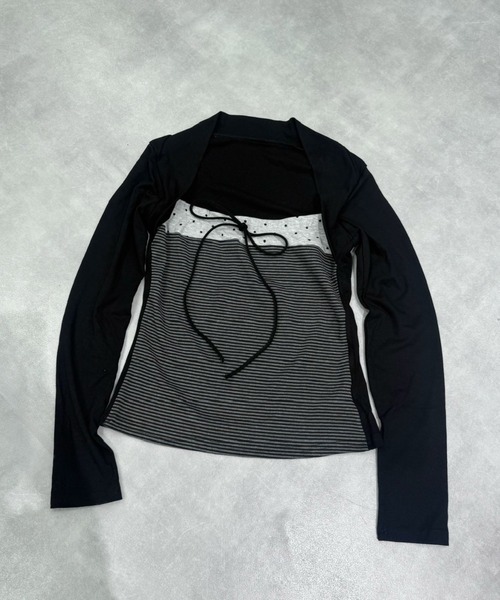 Never mind the XU / Chikashitsu+（ネバーマインド ザ エックスユー / チカシツプラス）の「【nmtc+】bolero tight dot tops / 【エヌエムティーシープラス】ボレロタイトドット長袖Ｔシャツ <着用動画あり>（Tシャツ/カットソー・レディース・グレー/ブラック・ONE SIZE）」の4枚目の写真