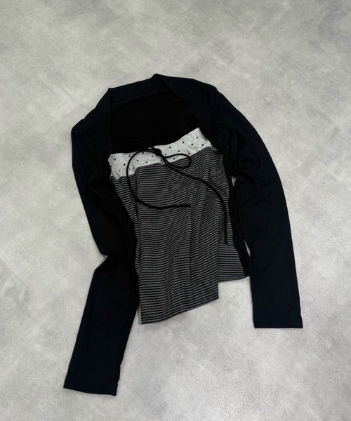 Never mind the XU / Chikashitsu+（ネバーマインド ザ エックスユー / チカシツプラス）の「【nmtc+】bolero tight dot tops / 【エヌエムティーシープラス】ボレロタイトドット長袖Ｔシャツ <着用動画あり>（Tシャツ/カットソー・レディース・グレー/ブラック・ONE SIZE）」の5枚目の写真