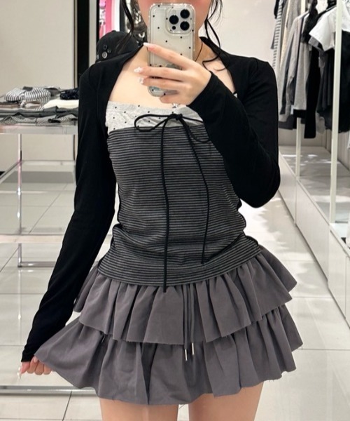 Never mind the XU / Chikashitsu+(ネバーマインド ザ エックスユー / チカシツプラス)の「【nmtc+】bolero tight dot tops / 【エヌエムティーシープラス】ボレロタイトドット長袖Tシャツ <着用動画あり>(Tシャツ/カットソー・レディース・グレー/ブラック・ONE SIZE)」の10枚目の写真