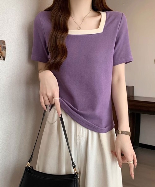 SallyLunn(サリーラン)の「【トレンドライク】配色ネックコンパクトTシャツ(Tシャツ/カットソー・レディース・パープル/ブラック/アイボリー/グリーン・LARGE/MEDIUM)」の18枚目の写真