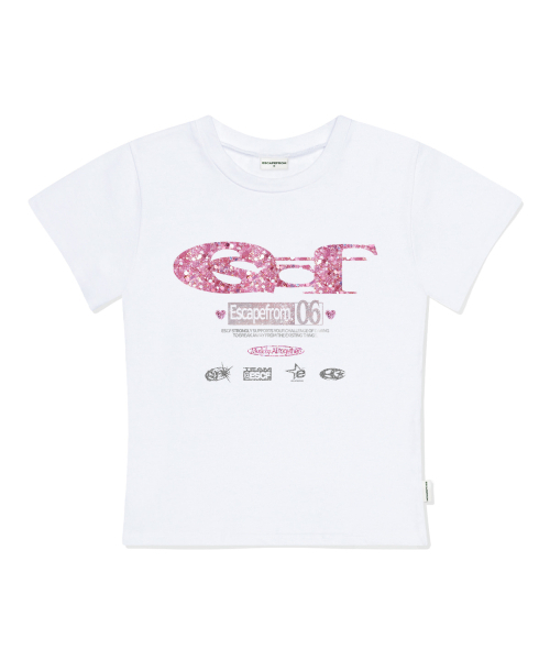 ESCAPEFROM(エスケープフロム)の「グリッター ESCF ロゴ コラージュプリント スリムフィット 半袖Tシャツ ブラック(Tシャツ/カットソー・レディース・その他・MEDIUM/LARGE)」の3枚目の写真