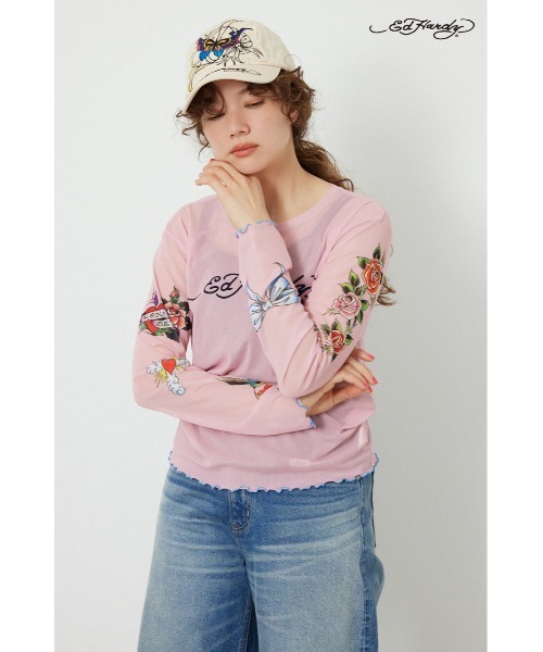 RODEO CROWNS WIDE BOWL(ロデオクラウンズワイドボウル)の「(Ed Hardy)シアーロングスリーブ Tシャツ(Tシャツ/カットソー・レディース・オフホワイト/カモフラージュ/ブラック/ライトピンク・FREE)」の3枚目の写真