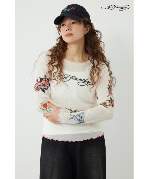 RODEO CROWNS WIDE BOWL(ロデオクラウンズワイドボウル)の「(Ed Hardy)シアーロングスリーブ Tシャツ(Tシャツ/カットソー・レディース・オフホワイト/カモフラージュ/ブラック/ライトピンク・FREE)」の2枚目の写真