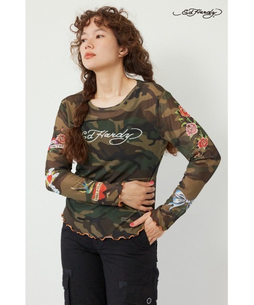 RODEO CROWNS WIDE BOWL(ロデオクラウンズワイドボウル)の「(Ed Hardy)シアーロングスリーブ Tシャツ(Tシャツ/カットソー・レディース・オフホワイト/カモフラージュ/ブラック/ライトピンク・FREE)」の4枚目の写真