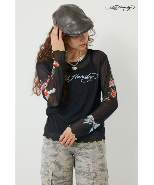 RODEO CROWNS WIDE BOWL(ロデオクラウンズワイドボウル)の「(Ed Hardy)シアーロングスリーブ Tシャツ(Tシャツ/カットソー・レディース・オフホワイト/カモフラージュ/ブラック/ライトピンク・FREE)」の1枚目の写真