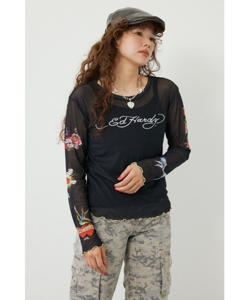 RODEO CROWNS WIDE BOWL(ロデオクラウンズワイドボウル)の「(Ed Hardy)シアーロングスリーブ Tシャツ(Tシャツ/カットソー・レディース・オフホワイト/カモフラージュ/ブラック/ライトピンク・FREE)」の10枚目の写真