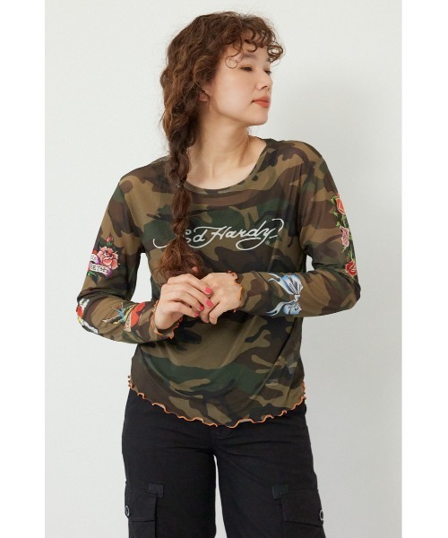 RODEO CROWNS WIDE BOWL(ロデオクラウンズワイドボウル)の「(Ed Hardy)シアーロングスリーブ Tシャツ(Tシャツ/カットソー・レディース・オフホワイト/カモフラージュ/ブラック/ライトピンク・FREE)」の21枚目の写真