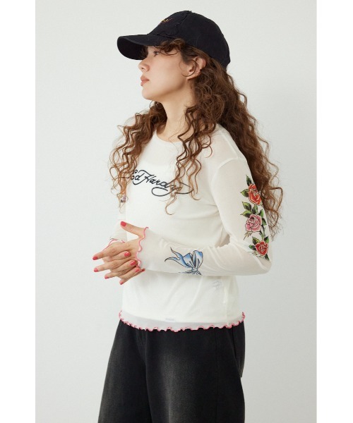 RODEO CROWNS WIDE BOWL(ロデオクラウンズワイドボウル)の「(Ed Hardy)シアーロングスリーブ Tシャツ(Tシャツ/カットソー・レディース・オフホワイト/カモフラージュ/ブラック/ライトピンク・FREE)」の5枚目の写真