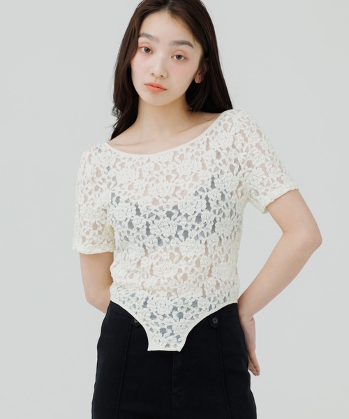 SENEE(セニー)の「lace bodysuit tops(レースボディスーツトップス)(Tシャツ/カットソー・レディース・ブラック/アイボリー・FREE)」の2枚目の写真