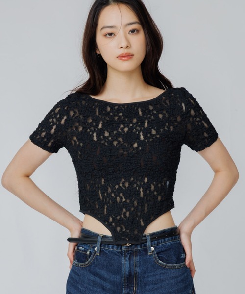 SENEE(セニー)の「lace bodysuit tops(レースボディスーツトップス)(Tシャツ/カットソー・レディース・ブラック/アイボリー・FREE)」の1枚目の写真