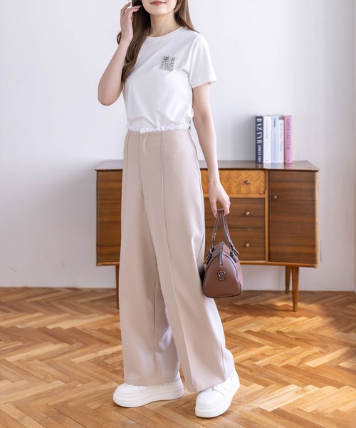 CLEAR BASIC（クリアベーシック）の「【4色展開】ビジューロゴTシャツ［骨格ストレート／きれいめ／シンプル／大人カジュアル／フェミニン］（Tシャツ/カットソー・レディース・サックスブルー/グレー/オフホワイト/ブラック・F）」の9枚目の写真
