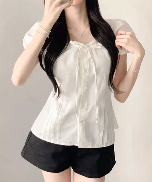VIVID LADY（ビビッドレディー）の「ドロストリボン バルーンスリーブブラウス（シャツ/ブラウス・レディース・アイボリー/ブラック・FREE）」の3枚目の写真