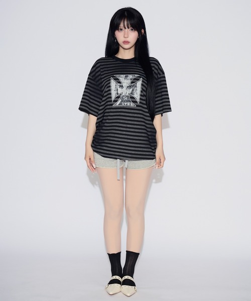 tinkerend(ティンカーエンド)の「Vintage Border Cross Big T-shirt / ヴィンテージボーダークロスビッグTシャツ(Tシャツ/カットソー・レディース・ブラック・FREE)」の22枚目の写真