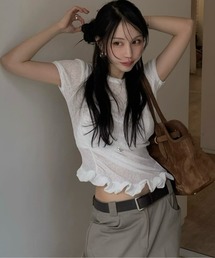 クルーネックフリルTシャツ