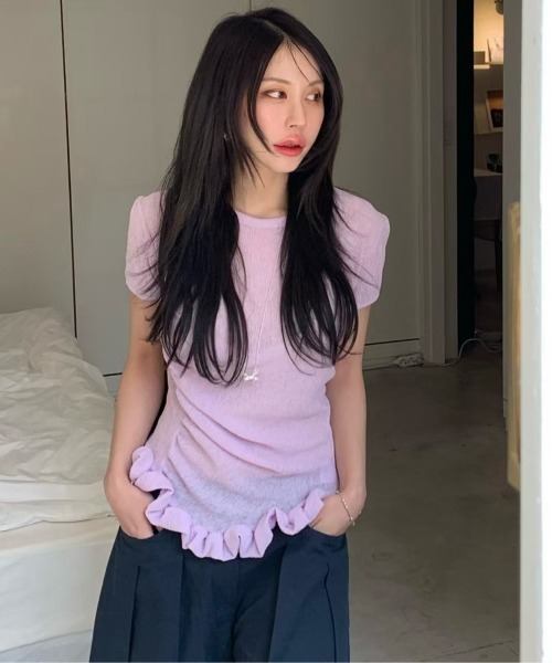 Aelina(エリナ)の「クルーネックフリルTシャツ(Tシャツ/カットソー・レディース・ネイビー/グリーン/ホワイト/ピンク・FREE)」の4枚目の写真