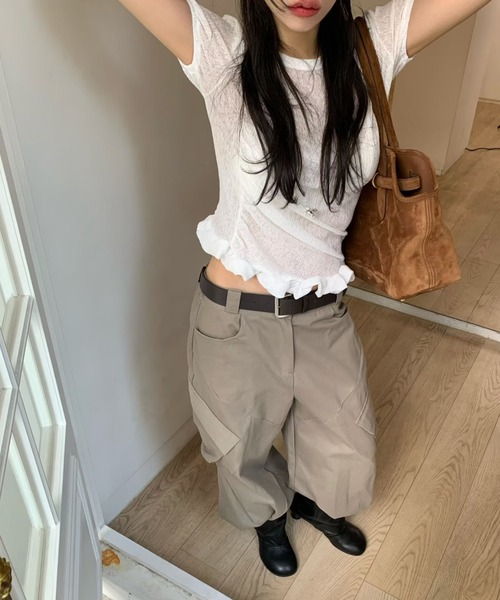 Aelina(エリナ)の「クルーネックフリルTシャツ(Tシャツ/カットソー・レディース・ネイビー/グリーン/ホワイト/ピンク・FREE)」の6枚目の写真