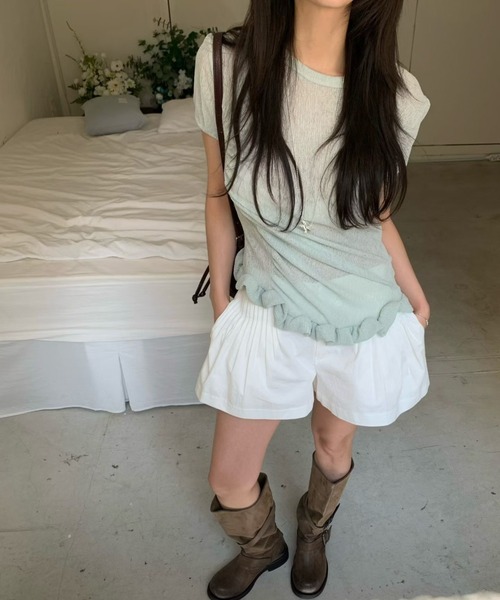 Aelina(エリナ)の「クルーネックフリルTシャツ(Tシャツ/カットソー・レディース・ネイビー/グリーン/ホワイト/ピンク・FREE)」の21枚目の写真