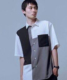 ウールライク ポリエステル レーヨンツイルショートポイント ブロッキング半袖シャツ