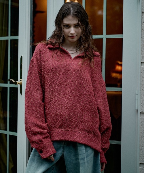 CASPER JOHN(キャスパージョン)の「Mix boucle skipper polo sweat/ミックスブークレスキッパーポロスウェット(ポロシャツ・メンズ・ピンク/ブルー/ブラック・X-SMALL/LARGE/MEDIUM/SMALL)」の3枚目の写真