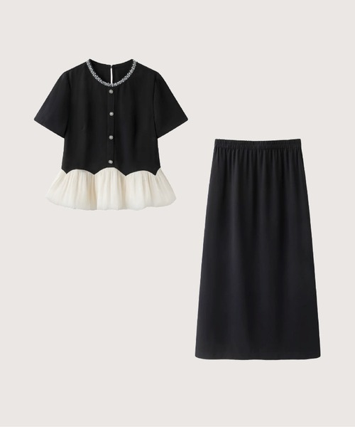 LA POMME petit(ラポミ・プチ)の「Beads Flare Top Long Skirt Set Up(セットアップ・レディース・ブラック・LARGE/MEDIUM/SMALL)」の1枚目の写真
