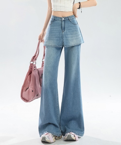 AMAJI(アマジ)の「ハイウエスト レイヤード風 フレアデニムパンツ(デニムパンツ・レディース・ブルー・SMALL/MEDIUM/LARGE/X-LARGE)」の1枚目の写真